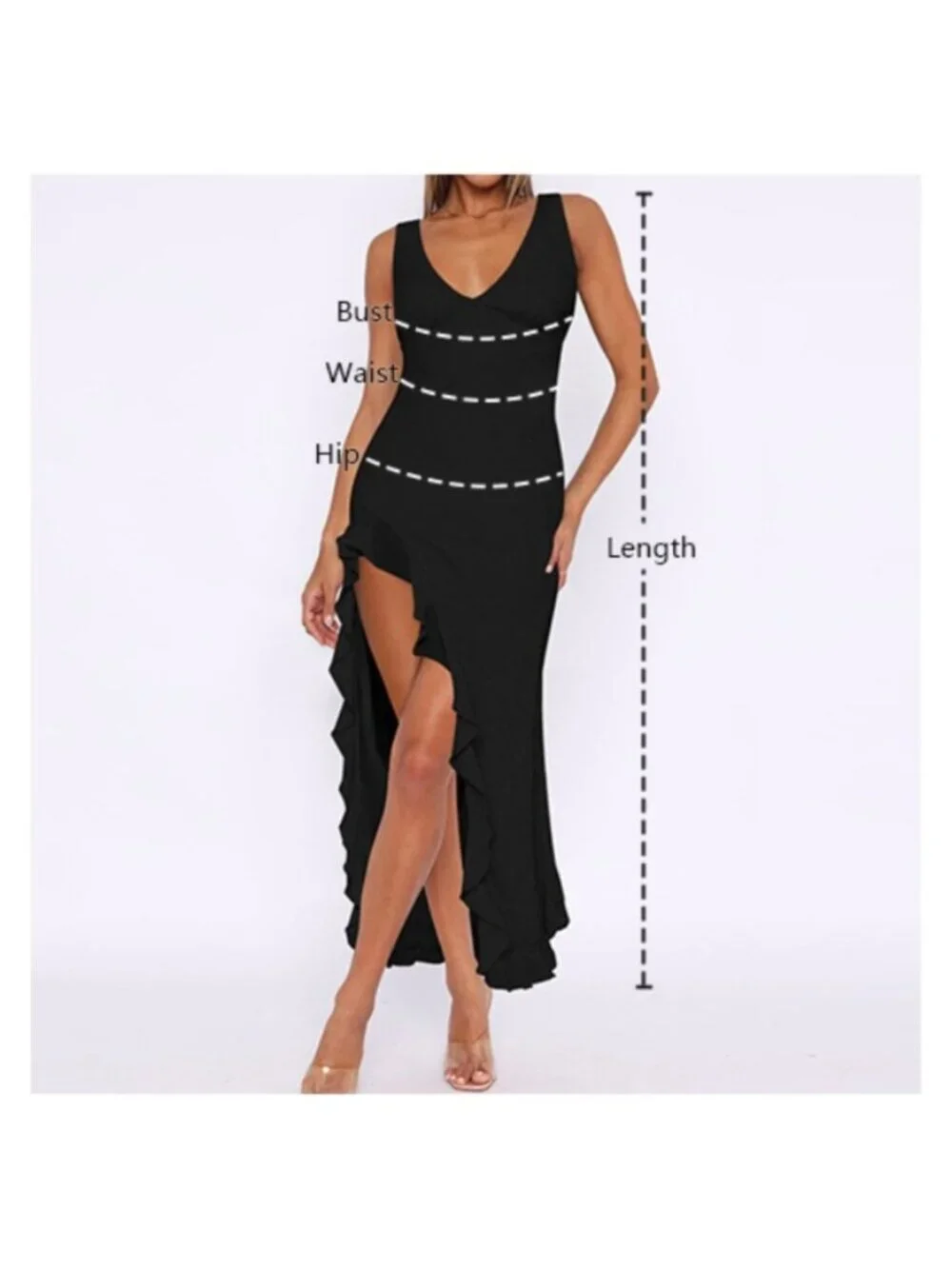 Women's Sexy VNeck Sleeveless Mesh Ruffle Hem Bodycon Maxi Casual Backless Dress - Picture 5 of 6